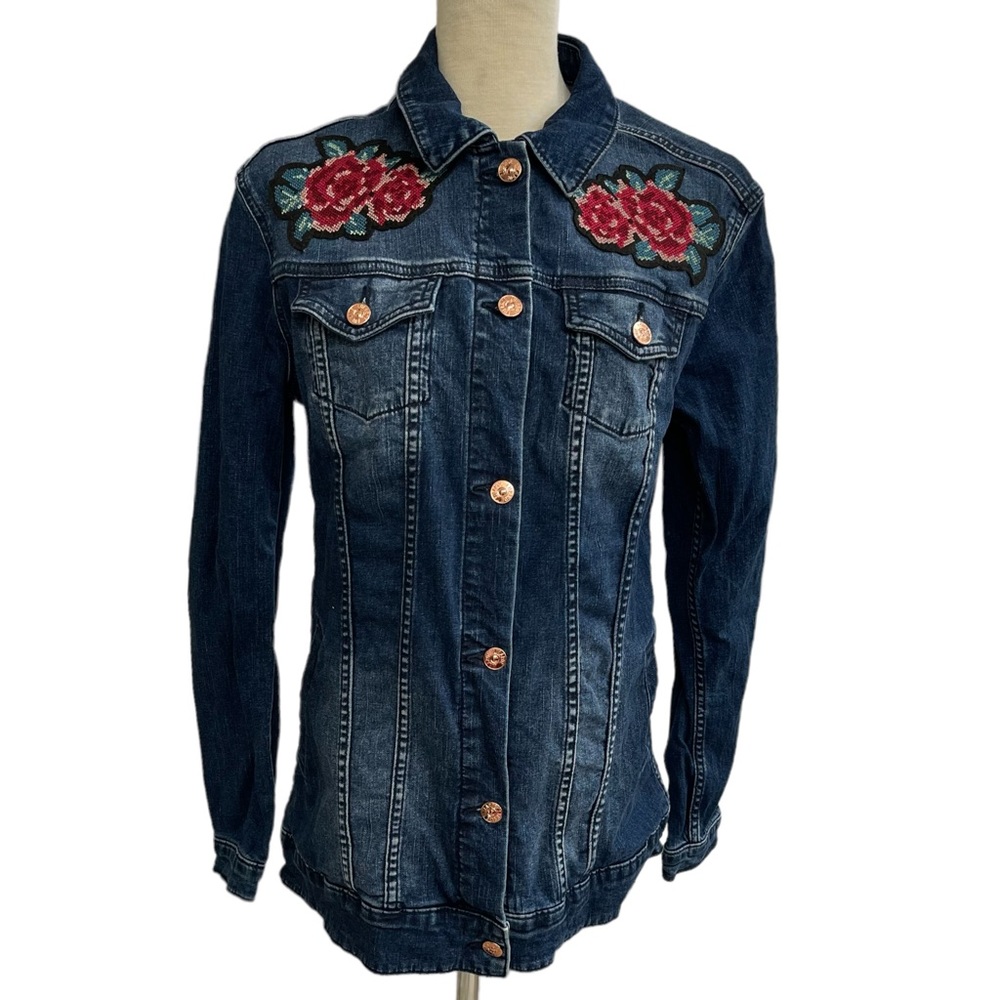 LuLaRoe Women's Size Small Embroidered‎ Floral Cotton Spandex Denim Jean Jacket